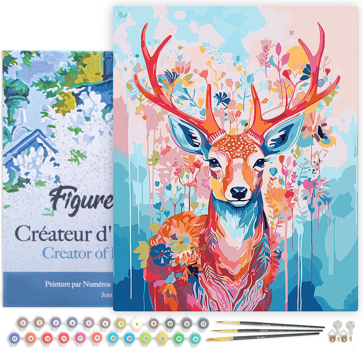 FiguredArt Schilderen op Nummer Volwassenen met lijst Kleurrijke Hert in Bloei - Handwerk acrylverf Kit DIY Compleet - 40x50cm Canvas al ingelijst